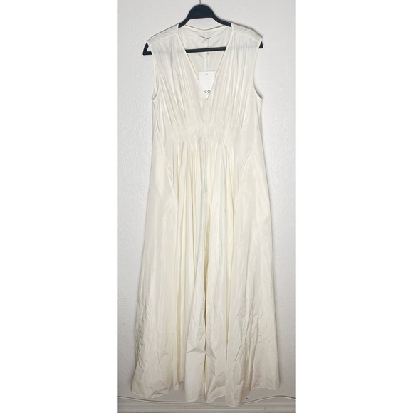 CO Women's Tucked Waist V-neck Gown Taffeta Soft Pleats Cape Effect Back NWT - Picture 2 of 8